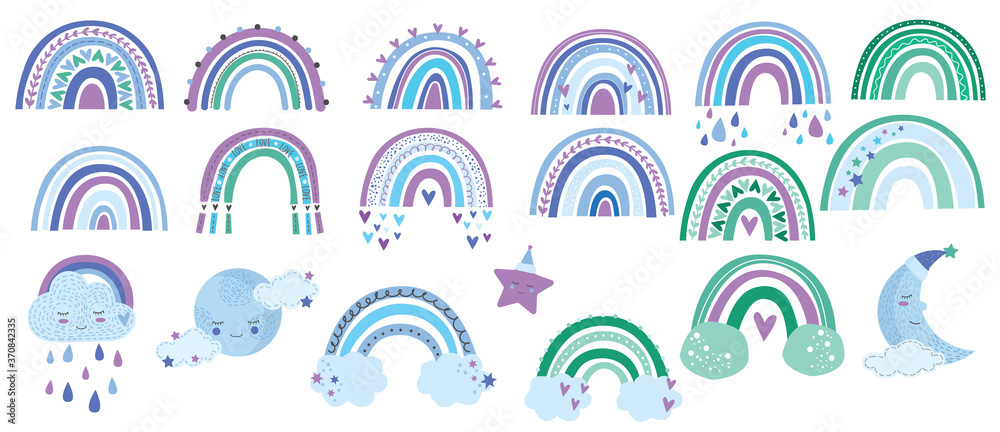 Cute set with a clouds, rainbow, stars, sun and moon in pastel color. Illustration for children design, Wallpaper, textiles, fabric, packaging paper. Vector