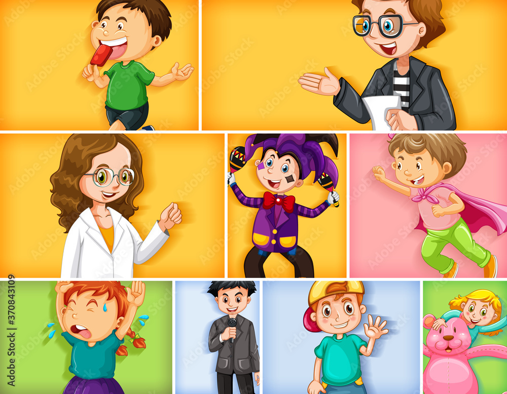 Set of different kid characters on different color background Set of different kid characters on different color background