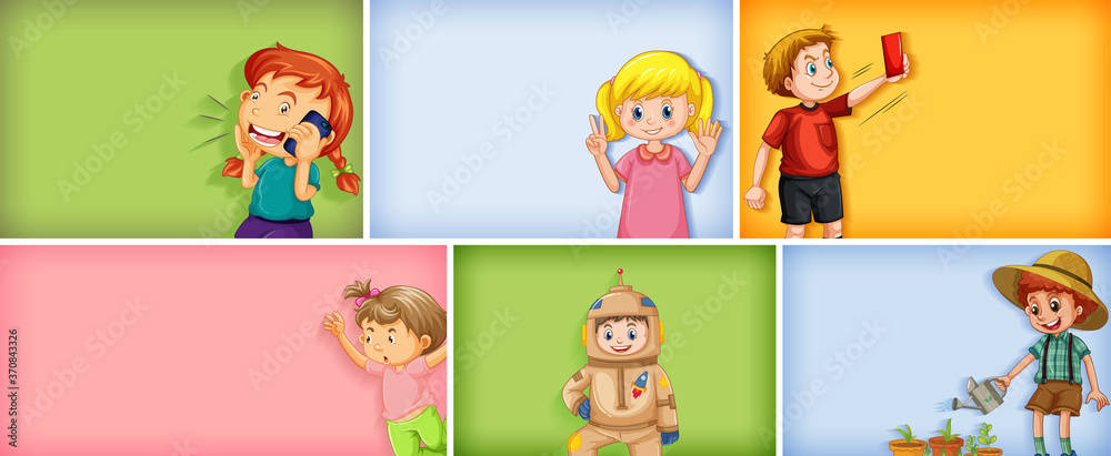 Fototapeta premium Set of different kid characters on different color background