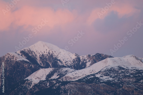 Snowy mountains of the Ordesa and Monte Perdido National Park at sunset. Pyrenees. Huesca. Aragon. Spain.