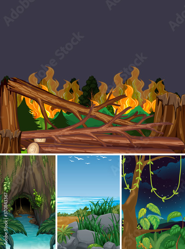 Four different natural disaster scenes of forest cartoon style