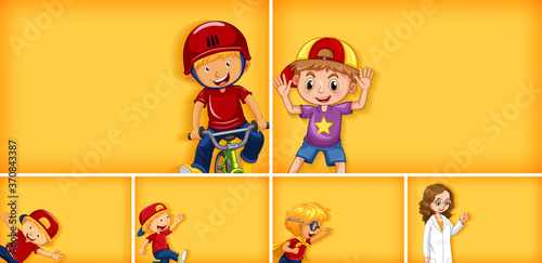 Set of different kid characters on yellow color background