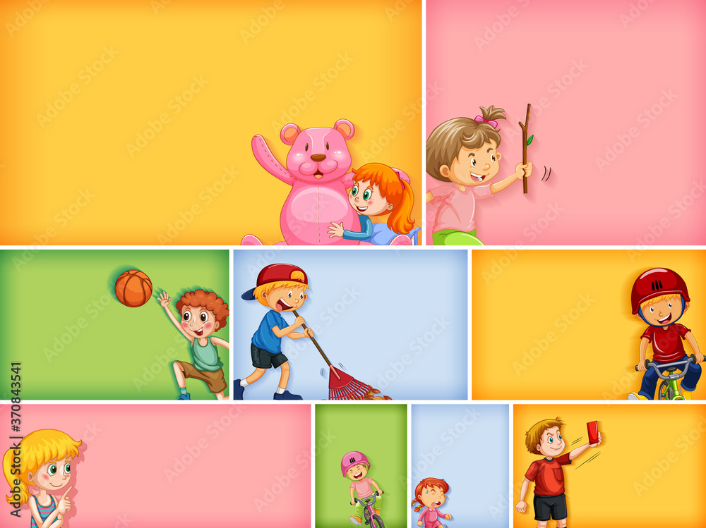 Set of different kid characters on different color background
