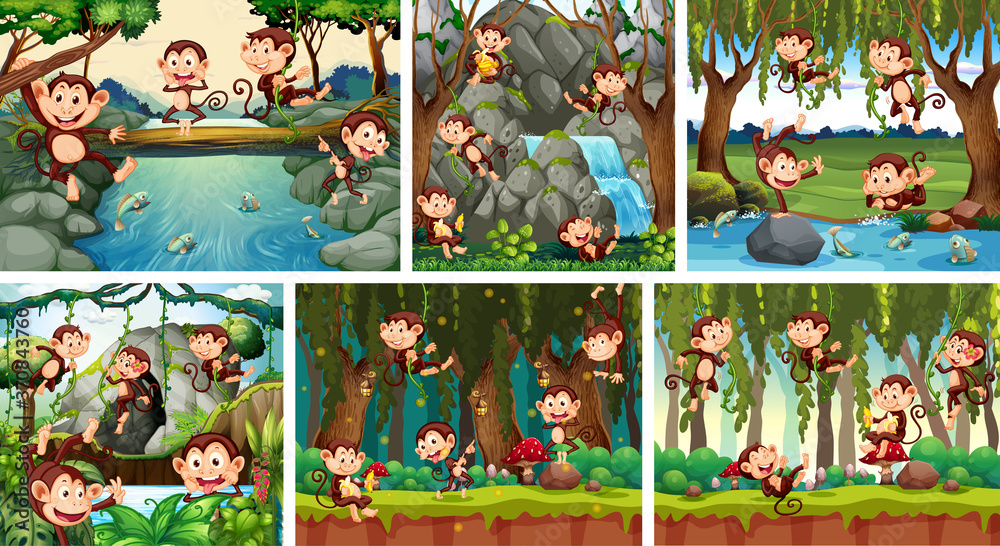 Obraz premium Set of playful monkey in nature background