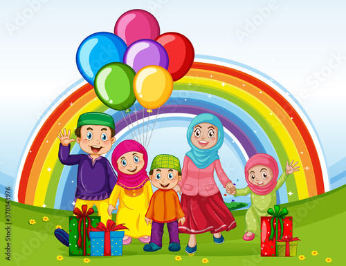 Arab muslim family in traditional clothing on holiday with rainbow background
