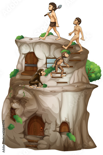 Human evolution alking up to stone house