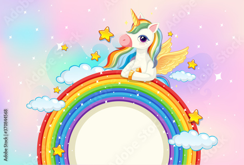 Blank banner with cute unicorn on rainbow in the pastel sky background