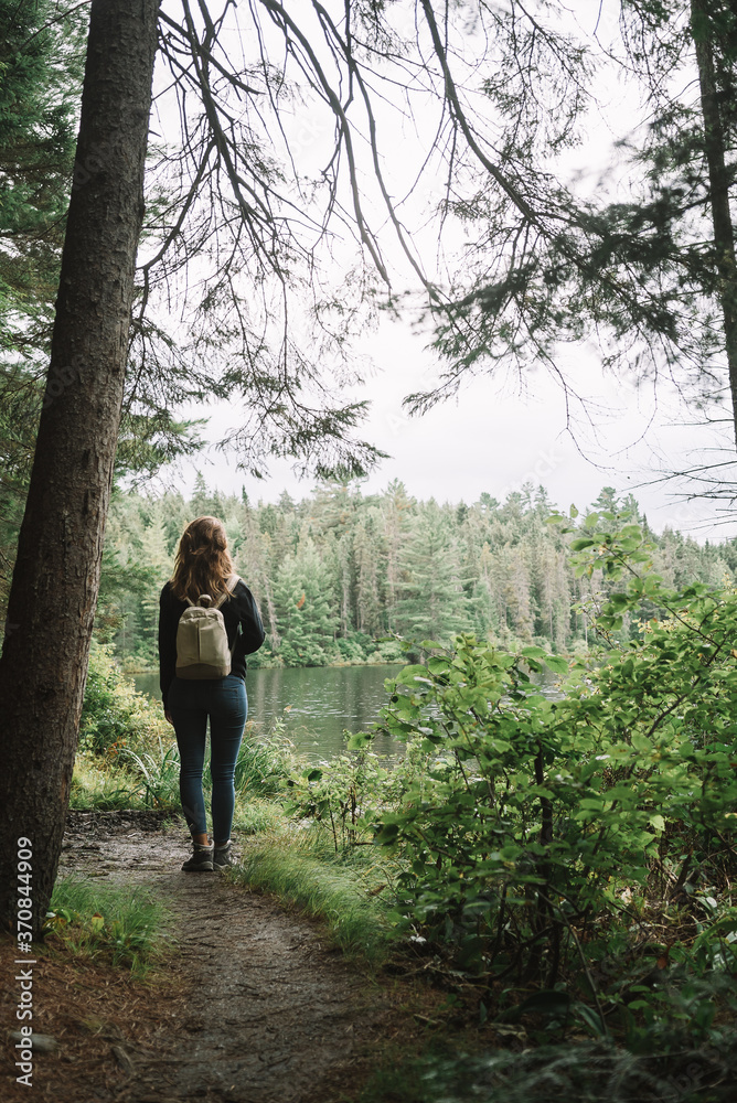 Back view of unrecognizable female hiker with backpack walking on narrow trail among green bushes and trees in Algonquin Provincial Park in Canada Back view of unrecognizable female hiker with backpack walking on narrow trail among green bushes and trees in Algonquin Provincial Park in Canada
