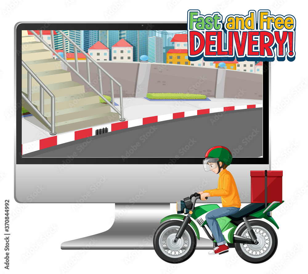 Obraz premium Computer with bike man or courier and fast and free delivery logo