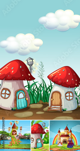 Five different scene of fantasy world with mushroom house