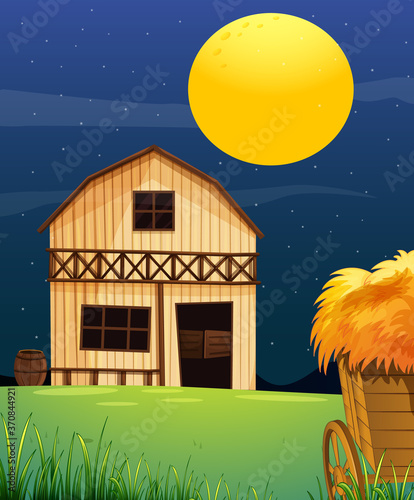 Farm scene with barn and straw at night