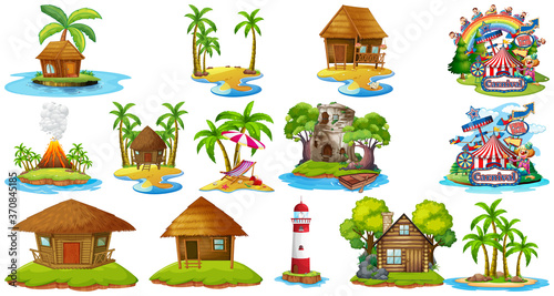 Set of different bangalows and island beach theme and amusement park isolated on white background