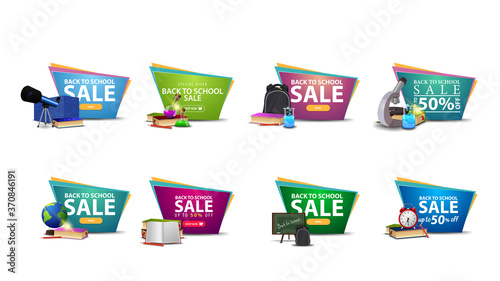 Back to school sale, large collection colorful discount banners in geometric uneven forms for your website with buttons and school supplies