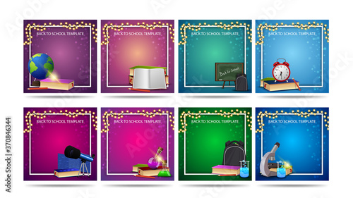 Back to school, large collection of colorful square blank templates with white line frame, icons of school supplies and garland frame