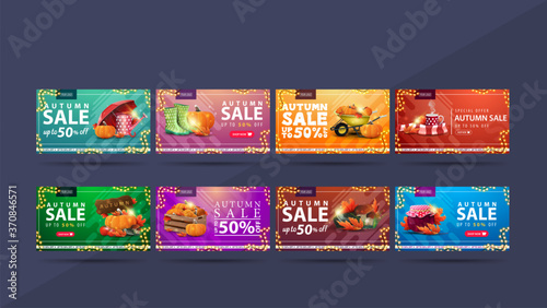 Autumn sale, up to 50% off, large collection colorful discount banners for your business with buttons, garlands and autumn elements