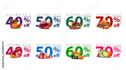 Autumn sale, collection of discount banners with large title of offer and icons of autumn elements