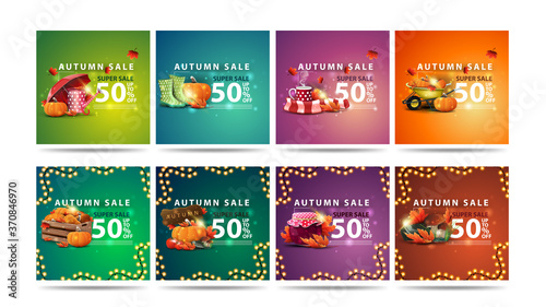 Autumn super sale, set of square colorful discount banners in modern style with falling maple leaves and autumn elements