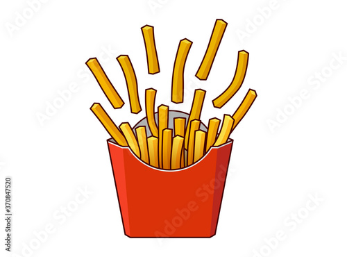 French fries scattered crispy potato tasty fast street food in red paper carton package box. Vector flat eps illustration with outline isolated on white background