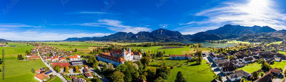 Germany, Bavaria, Schlehdorf, Aerial panorama of countryside village in summer