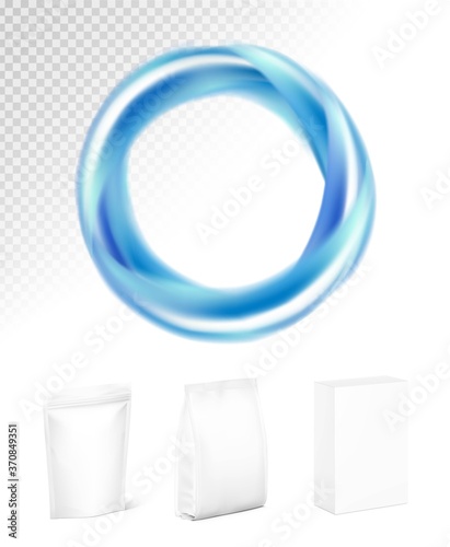 Set of three types of packaging mockups and abstract blue spiral. Vector illustration isolated on white background. Easy to use for presentation your product, design. EPS10.