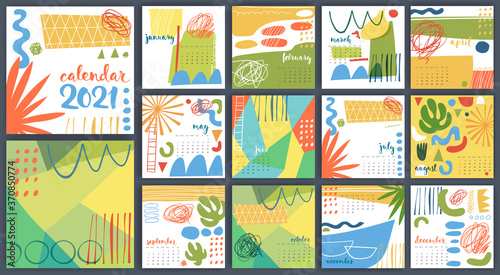 Vector abstract 2021 calendar template design in flat style.