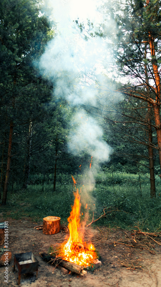 A fire with thick smoke in the woods.