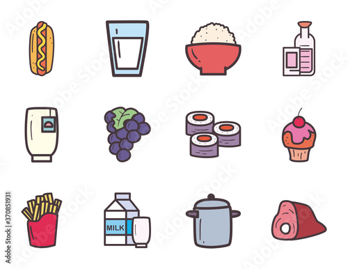 Food line and fill style set icons vector design