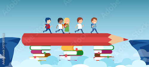 Vector of a pencil on book stacks bridging the gap in education for children passing by
