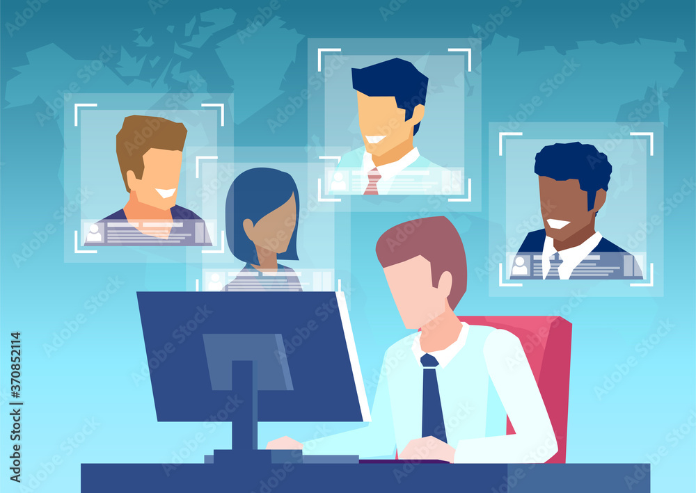 Vector of a business man team leader chatting online with employees via conference call. Distance work concept Vector of a business man team leader chatting online with employees via conference call. Distance work concept