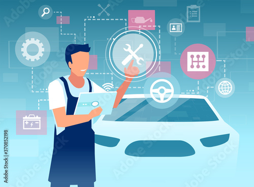 Vector of a mechanic inspecting a car using tablet app with a virtual user interface