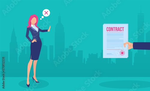 Vector of a business woman rejecting a job contract offer.
