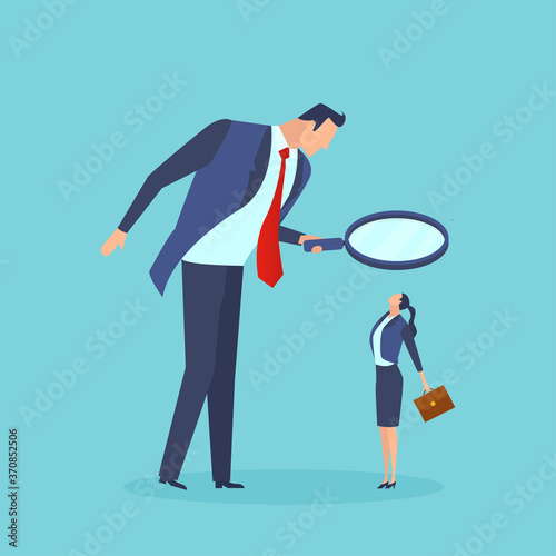 Vector of a big business man looking through magnifying glass at a small businesswoman