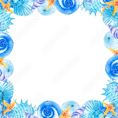 Watercolor square frames with sea shells, stars and snails on a white background. Marine composition illustration. Clipart for hand-drawn postcard design template