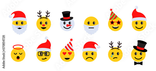 Christmas emoticons, holiday smile face icons with different emotions. Vector illustration