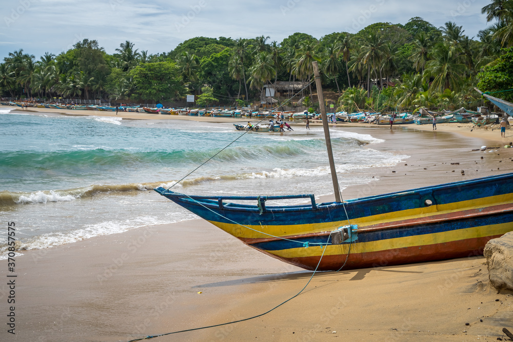 Colorful traditional fishing boat on the beach, Arugam Bay, Sri Lanka