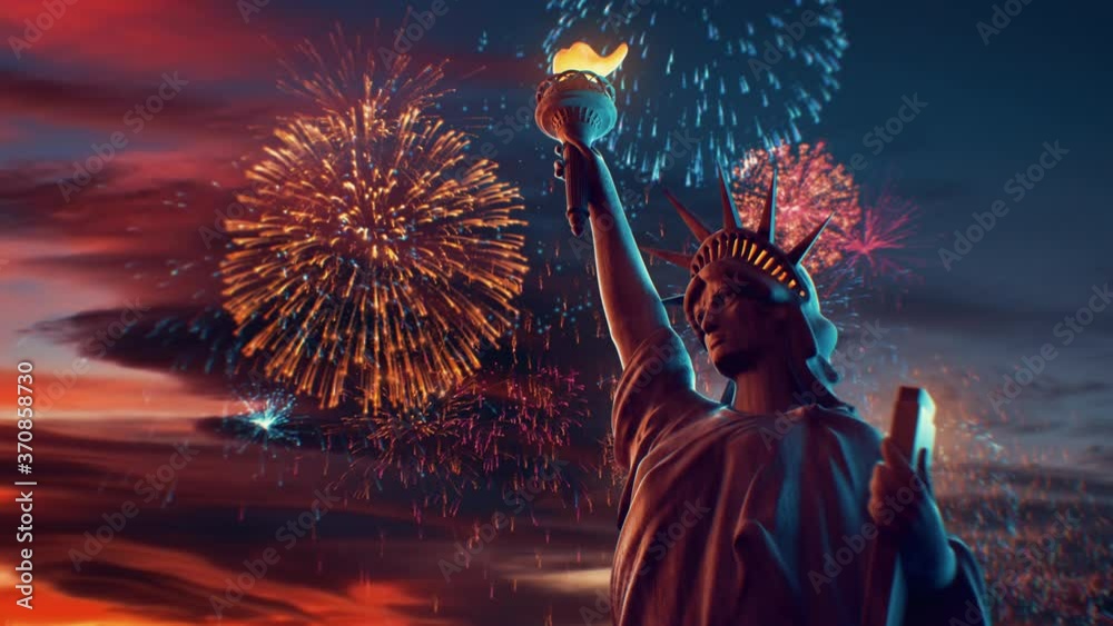 Statue of Liberty with 4th of July fireworks exploding in dusk sky background. Top quality 4K 3D animation.