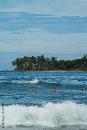 Surfers on the sea, palm trees on the background, blue sky. Arugam Bay, Sri Lanka. 