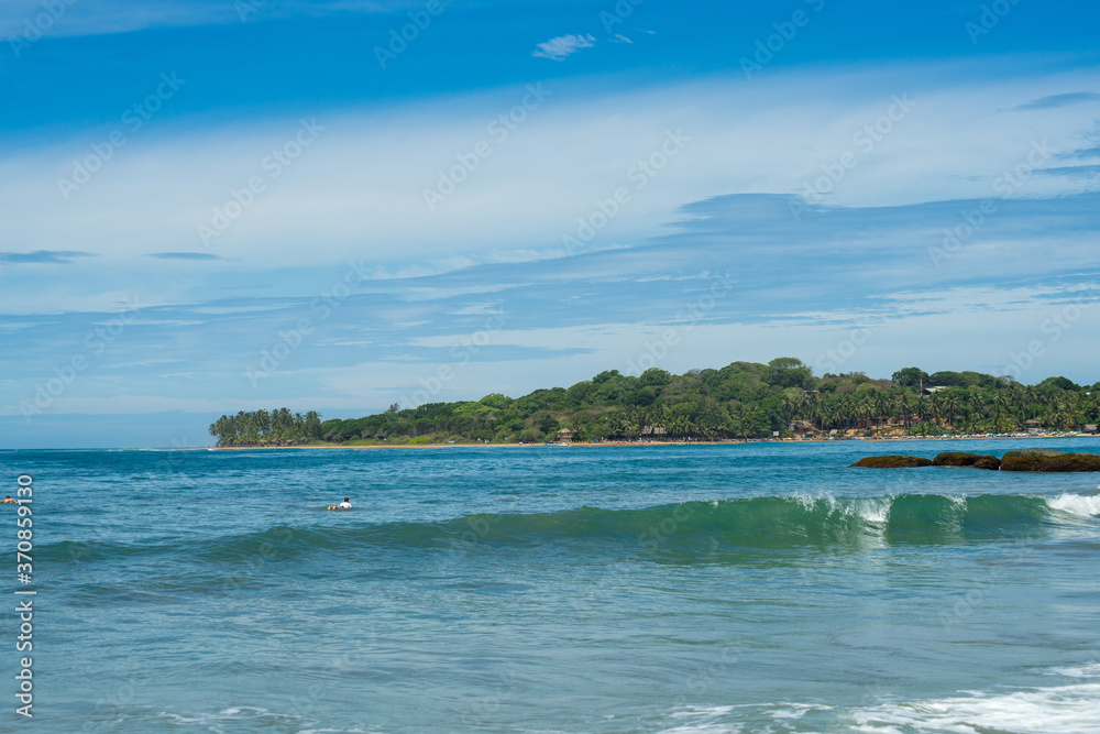 Surfer on the sea, palm trees on the background, blue sky. Arugam Bay, Sri Lanka. 