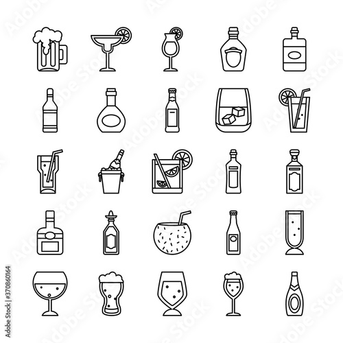 tropical cocktails and liquor bottles icon set, line style