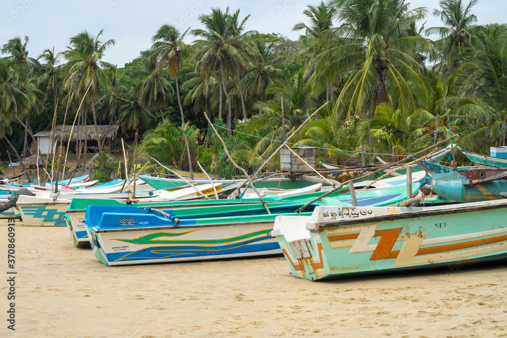 colorful fishing boats on the beach, Arugam Bay, Sri Lanka