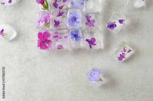 Flowers in ice cubes on the gray background.
