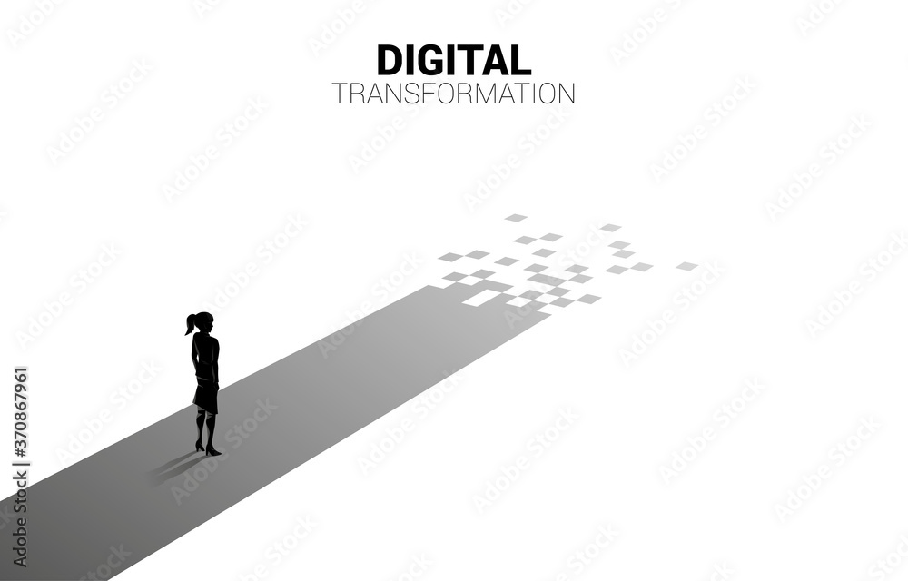 Silhouette of businesswoman standing on the way with pixel. concept of digital transformation of business. Silhouette of businesswoman standing on the way with pixel. concept of digital transformation of business.