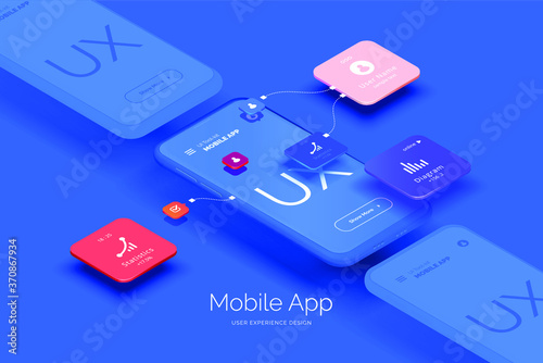 Mobile application design. Mobile phone mockup with a set of tools for creating a user interface. Layered illustration with mobile phones and mobile application parts. Isometric style