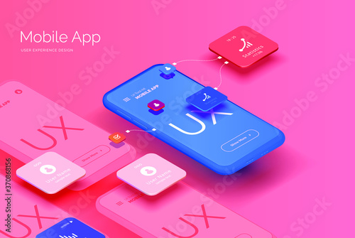 A set of mockups for smartphones with a user interface for a mobile application. Mobile application design for business. User Experience Development. Modern illustration isometric style