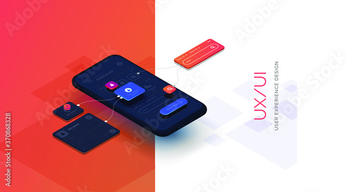 Black smartphone with mobile app interface design. User interface user experience development. Modern vector illustration isometric style
