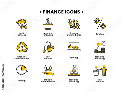 Finance icons set. Vector illustration of financial intermediary icons, resource financing, trust services, lending.