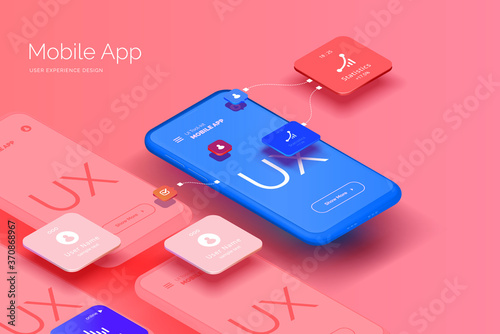 A set of mockups for smartphones with a user interface for a mobile application. Mobile application design for business. User Experience Development. Modern illustration isometric style