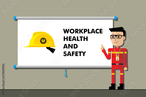 Safety manager on presentation training of workplace health and safety. Flat style cartoon. Industrial and construction work.
