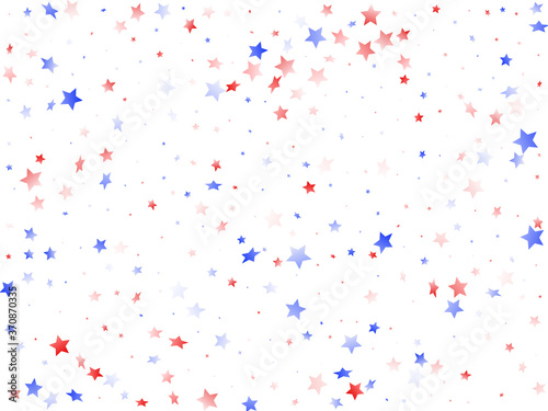 Flying red blue white star sparkles on white vector american patriotic background.