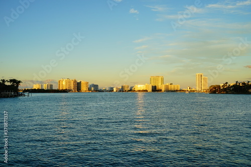 Miami downtown skyscrapers at sun set